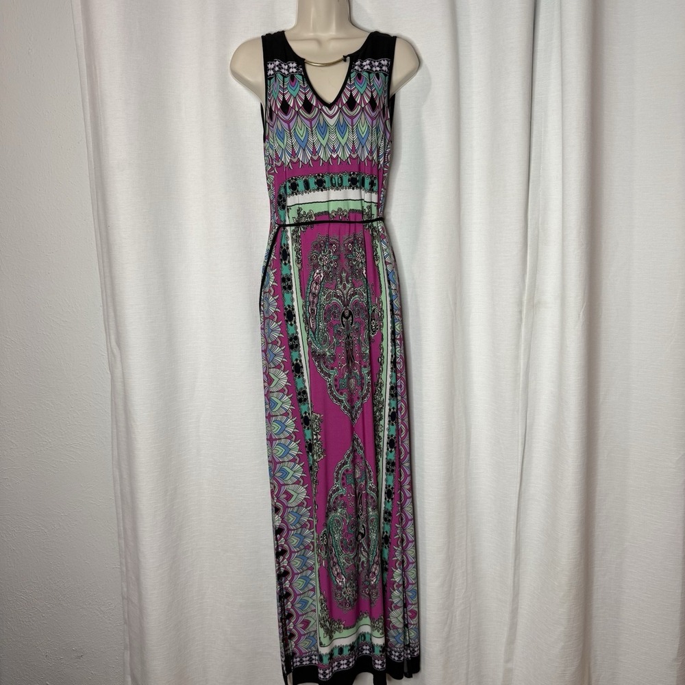 Roz & Ali Abstract‎ Mixed Print Fitted Maxi Dress Colorful Pink Green Blue  Sz 4